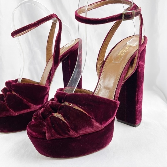 Aquazzura Mira Velvet Platform Open Toe Sandal Heels Burgundy Red EU 40 Cocktail - Picture 3 of 9